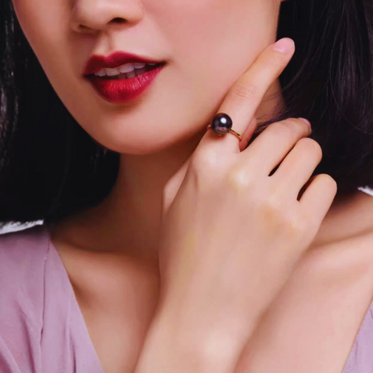 9mm-9.5mm 18K Solid Gold Chic Black Tahitian Pearl Ring - AAA Quality