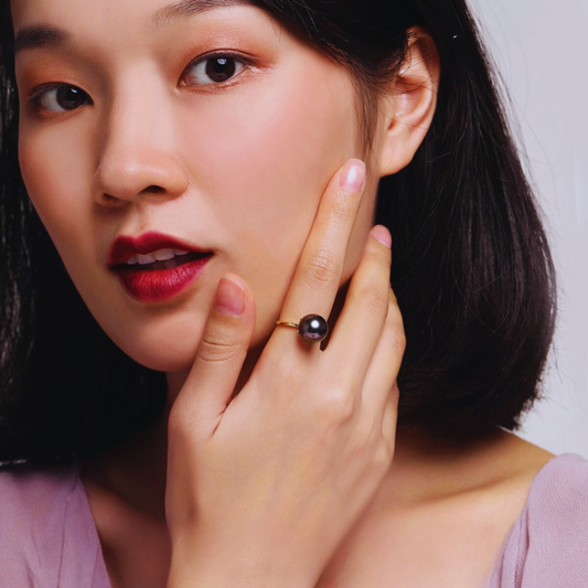 9mm-9.5mm 18K Solid Gold Chic Black Tahitian Pearl Ring - AAA Quality