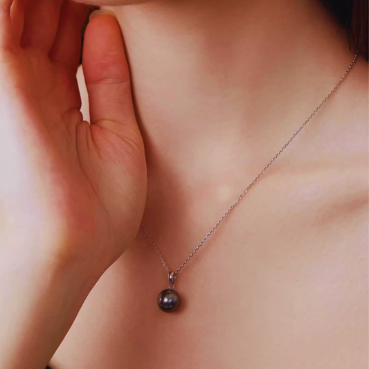 9mm-9.5mm 18K Solid White Gold Black Tahitian Pearl Pendant Necklace - AAA Quality