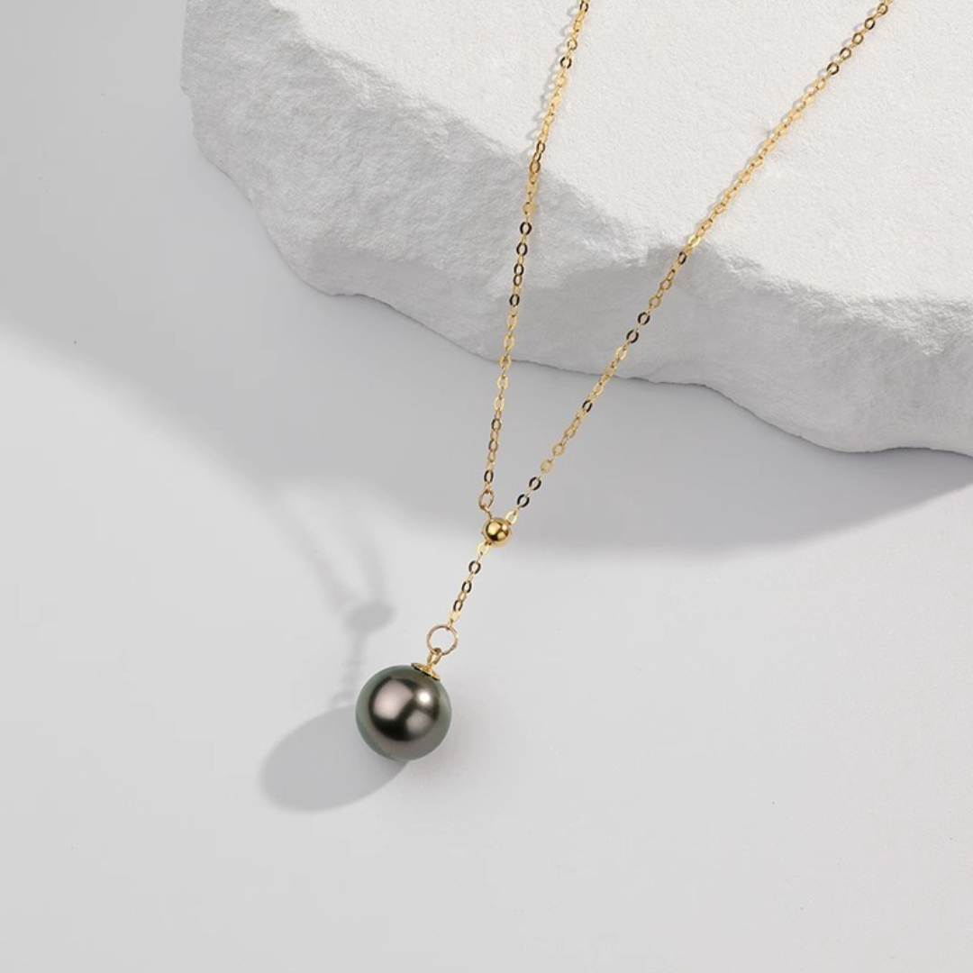 9mm-9.5mm 18K Gold Tahitian Adjustable Pearl Necklace- AAA Quality