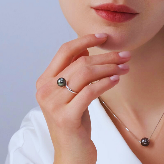 9mm-9.5mm 18K White Gold Tahitian Black Pearl Ring - AAA Quality