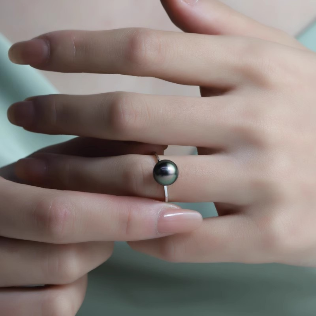 9mm-9.5mm Hypoallergenic 925 Sterling Silver Pearl Ring Tahitian Black Pearl Ring - AAA Quality