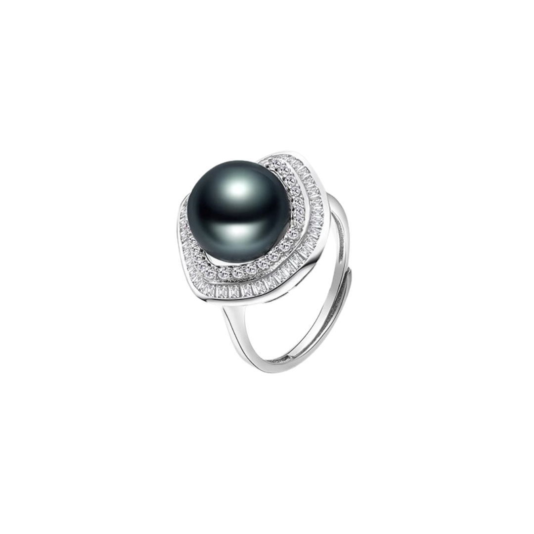 9mm-9.5mm Tahitian Black Pearl Adjustable Ring - AAA Quality