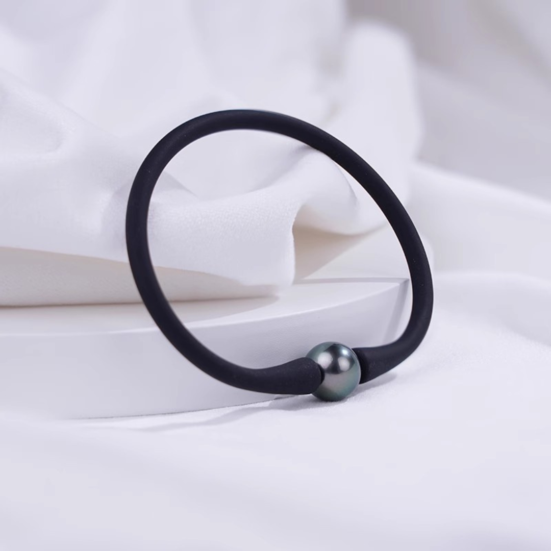 9mm-9.5mm Tahitian Black Pearl Silicone Sports Bracelet - AAA Quality