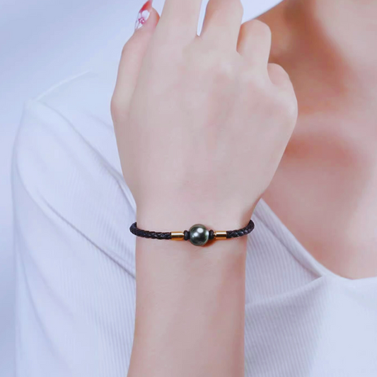 9mm-9.5mm Black Tahitian Pearl Woven Sports Everyday Bracelet - AAA Quality