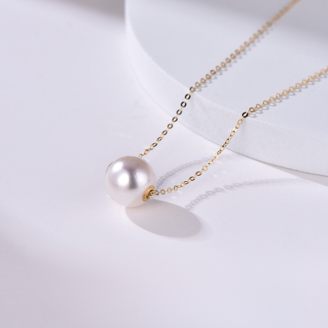 18K Solid Gold Minimalist Akoya Saltwater Pearl Pendant Necklace AAAA Quality（8.5mm-9mm）