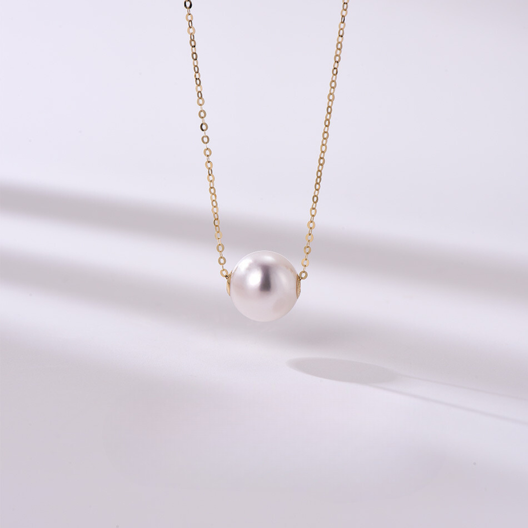 18K Solid Gold Minimalist Akoya Saltwater Pearl Pendant Necklace AAAA Quality（8.5mm-9mm）