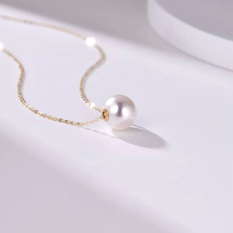 18K Solid Gold Minimalist Akoya Saltwater Pearl Pendant Necklace AAAA Quality（8.5mm-9mm）