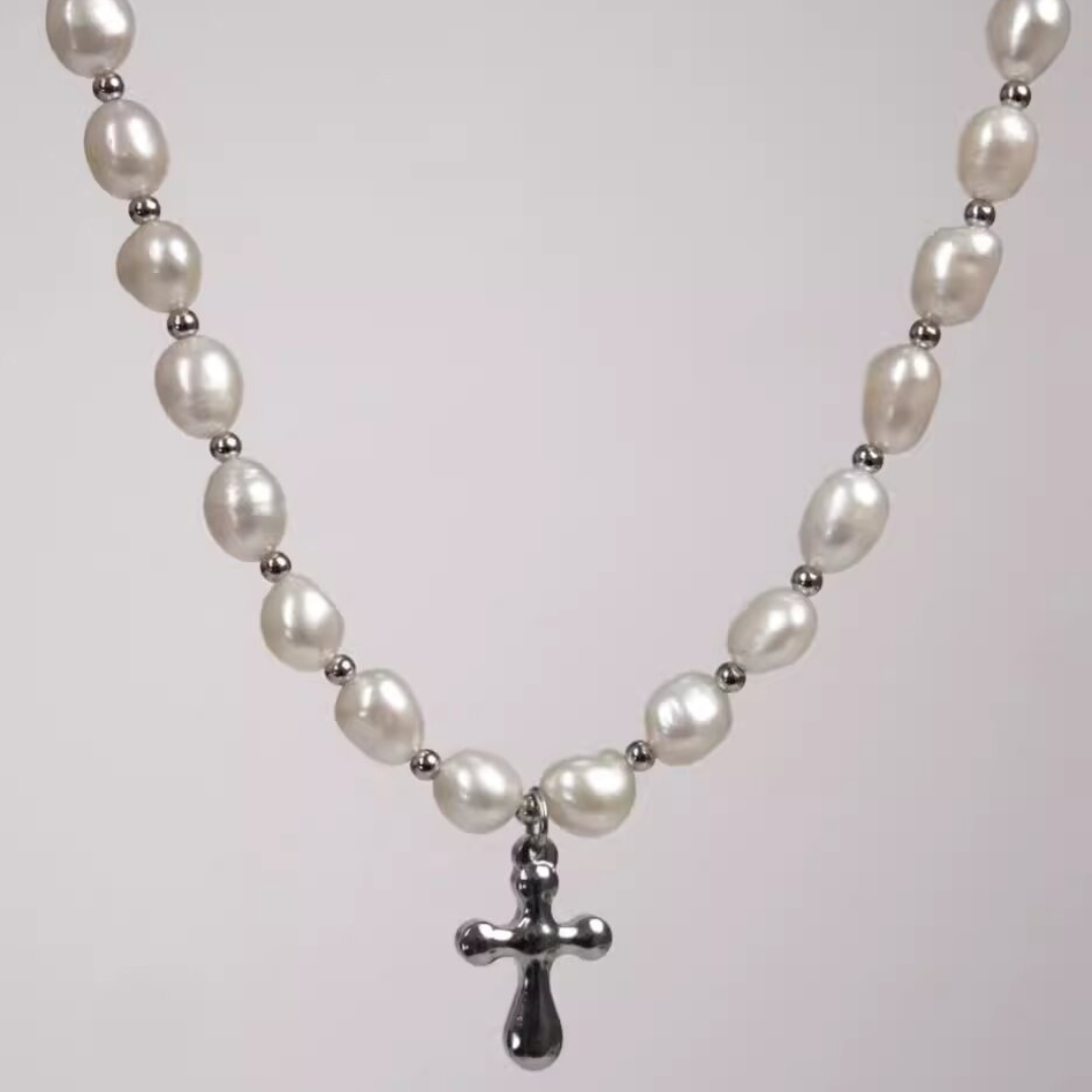 Cross White Baroque Pearl_Necklace for Boyfriend Gift