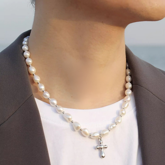 Cross White Baroque Pearl_Necklace for Boyfriend Gift