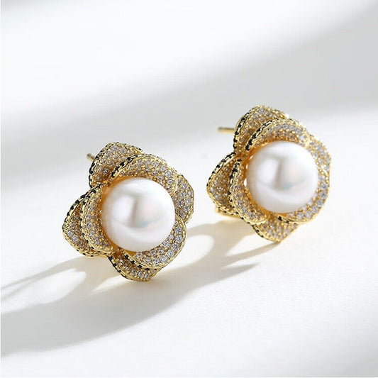 Camellia Aurora Pearl Stud Earrings AAA Quality