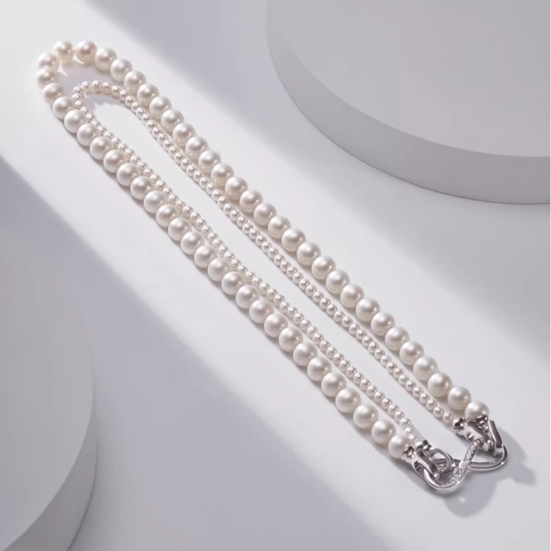 7mm-7.5mm Double Strand Aurora White Pearl Necklace - AAA Quality