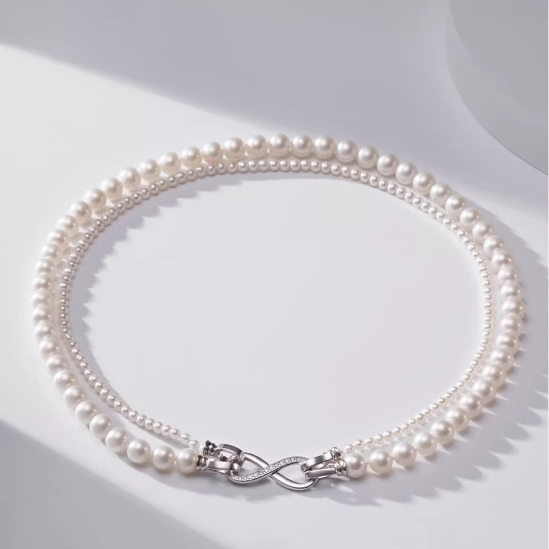 7mm-7.5mm Double Strand Aurora White Pearl Necklace - AAA Quality