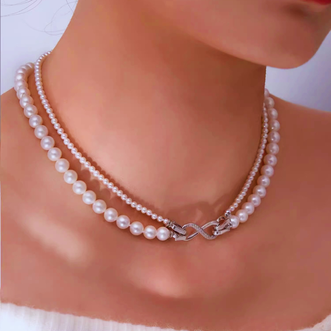 7mm-7.5mm Double Strand Aurora White Pearl Necklace - AAA Quality