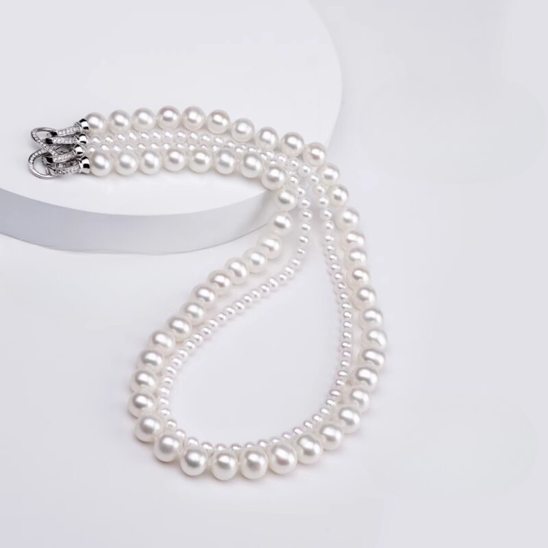 Double Strand Natural Freshwater White Pearl Necklace - AAA+ Quality