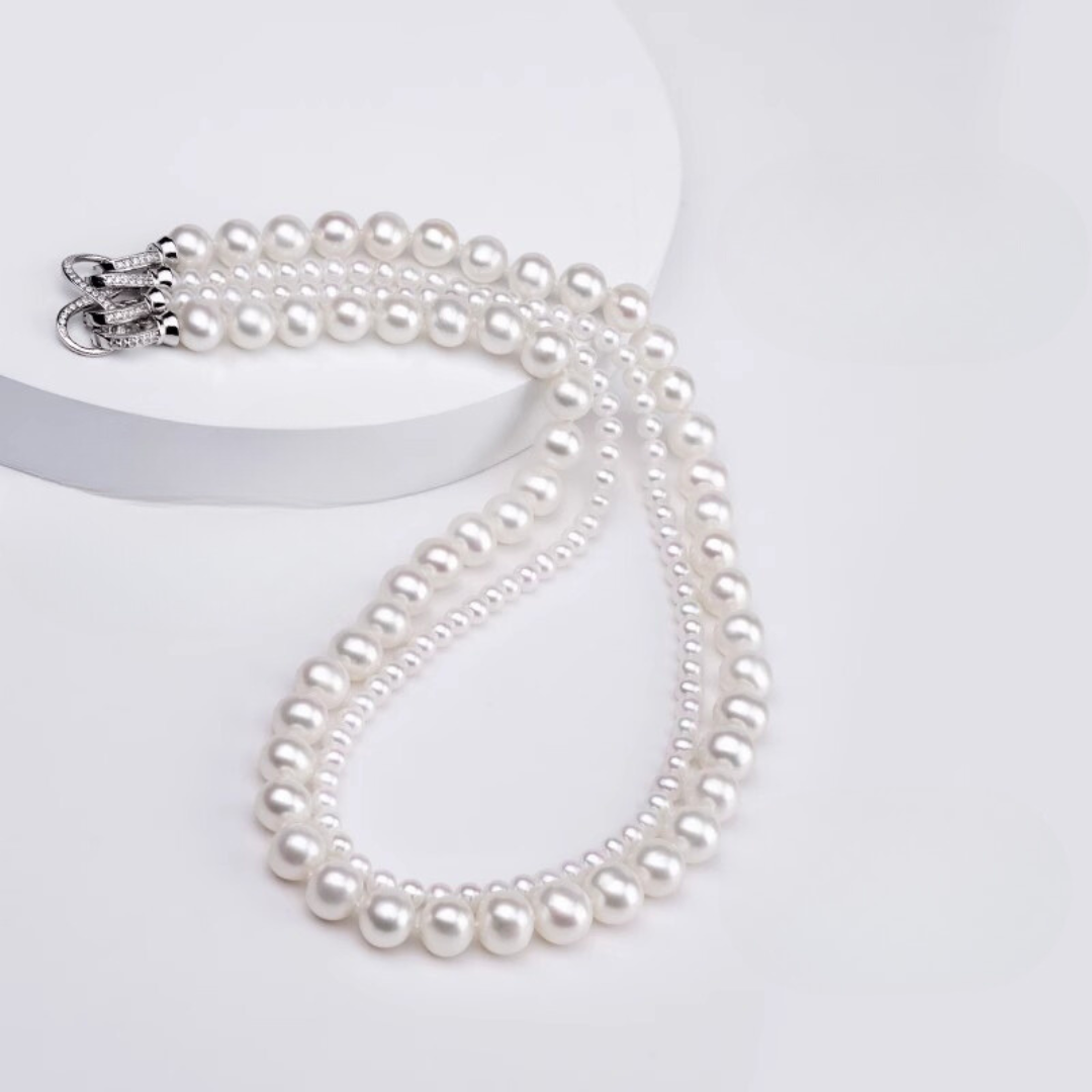 4mm-7.5mm Double Strand Natural Freshwater White Pearl Necklace - AAA Quality