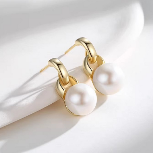 Gold Aurora Pearl Hoop Earrings AAA Quality