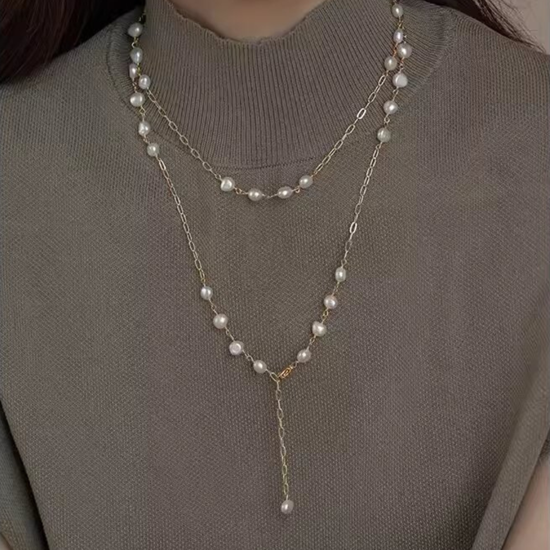 Multiple Wearing Methods Gold Baroque Pearl Long Sweater Necklace AAA Quality