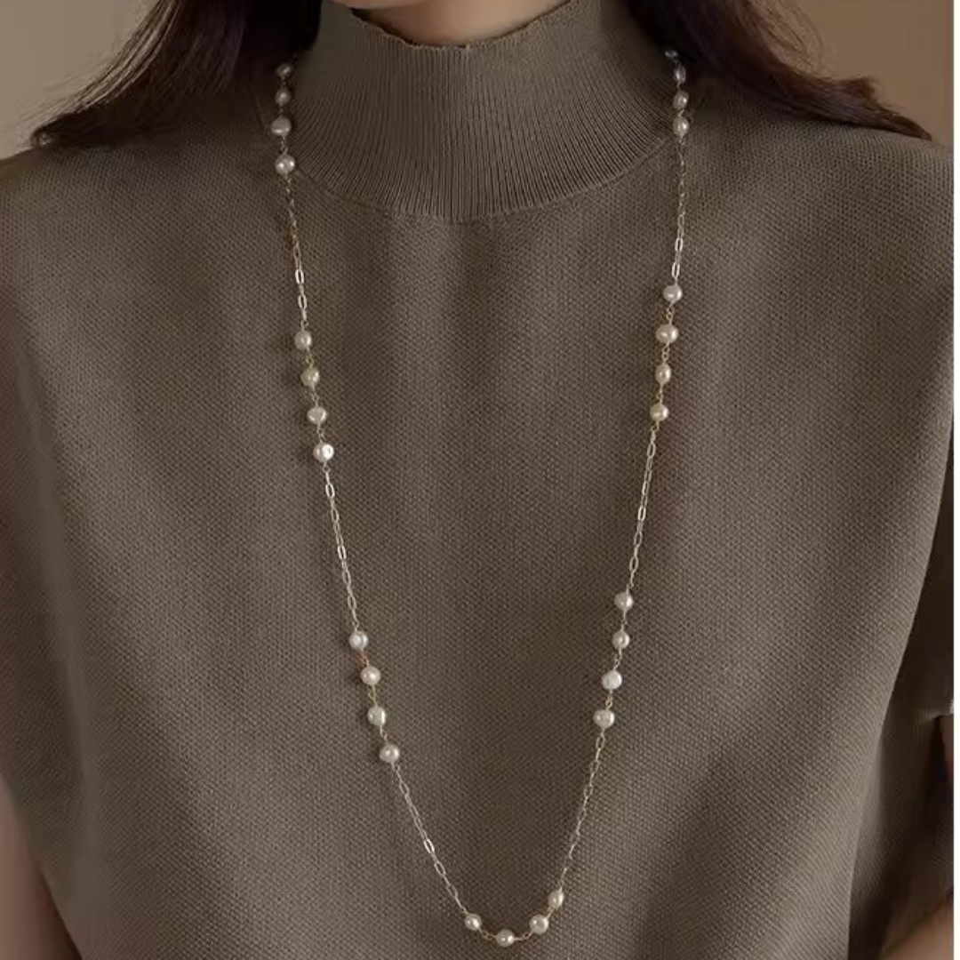 Multiple Wearing Methods Gold Baroque Pearl Long Sweater Necklace AAA Quality