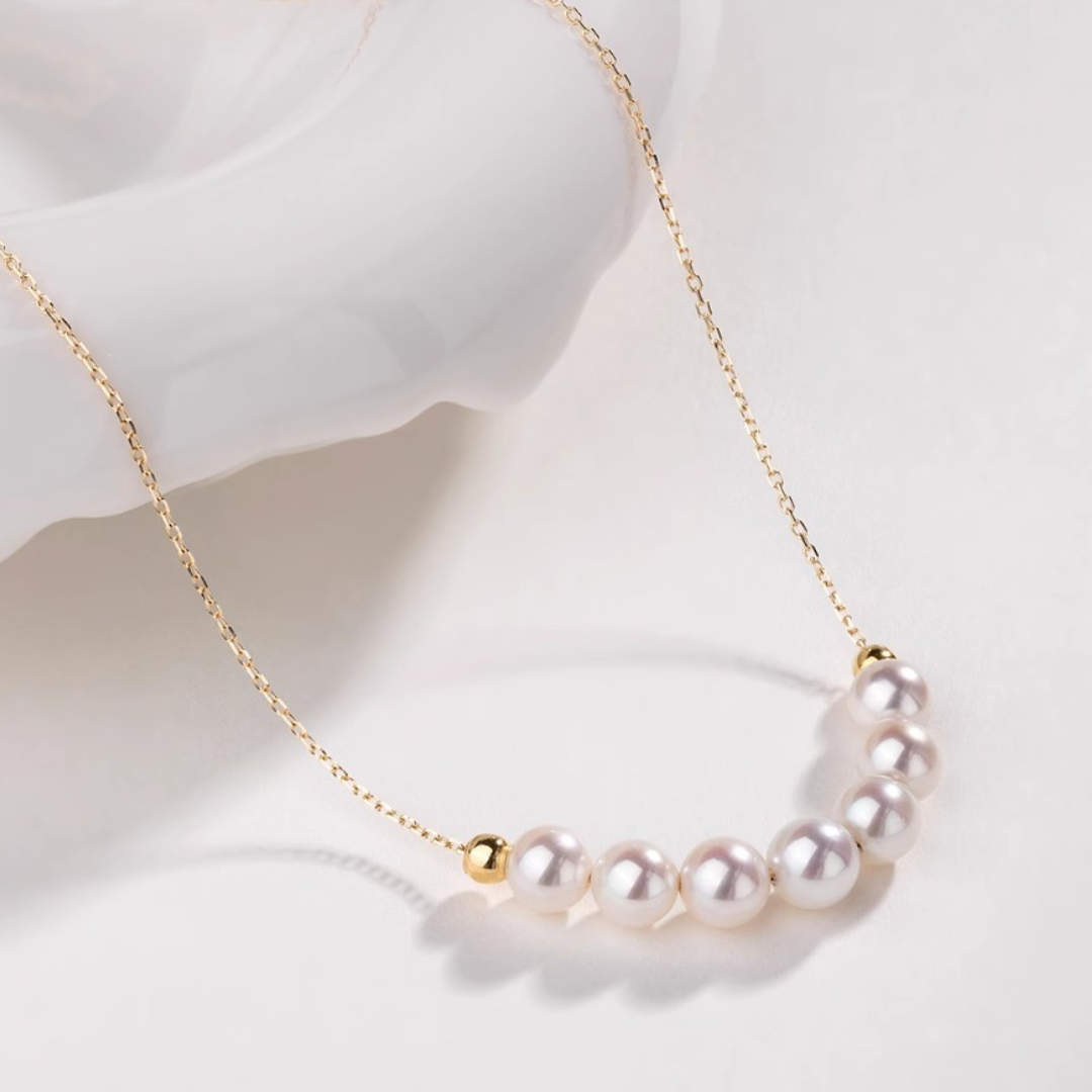 5mm-7.5mm 18K Solid Gold Janpanese Akoya Seawater Tincup Celeste Pearl Necklace - AAA Quality