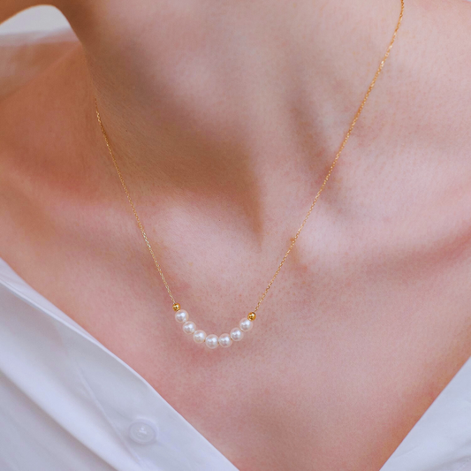 5mm-7.5mm 18K Solid Gold Janpanese Akoya Seawater Tincup Celeste Pearl Necklace - AAA Quality