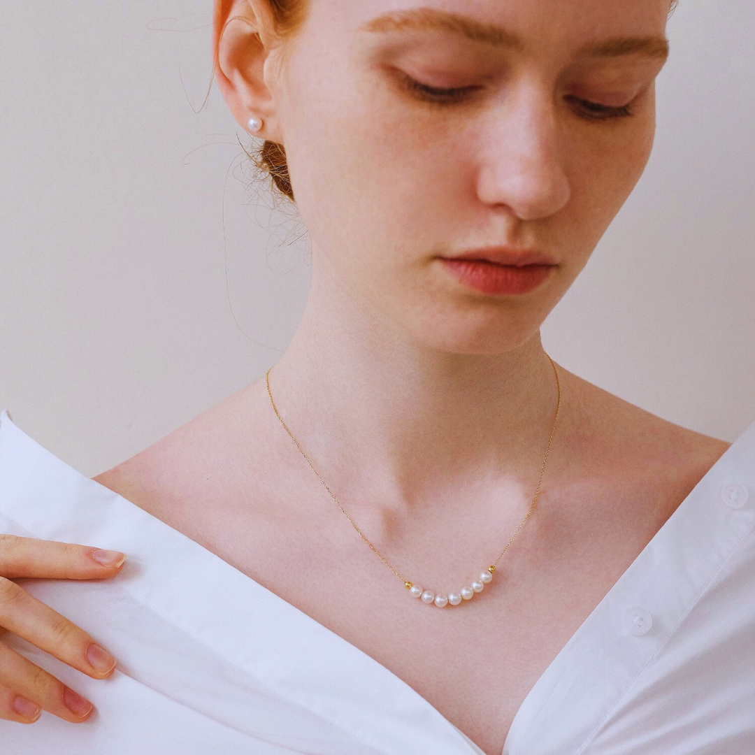 5mm-7.5mm 18K Solid Gold Janpanese Akoya Seawater Tincup Celeste Pearl Necklace - AAA Quality