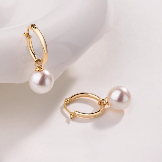 18K Gold Japanese Akoya Pearl Hoop Via Earrings - AAA Quality