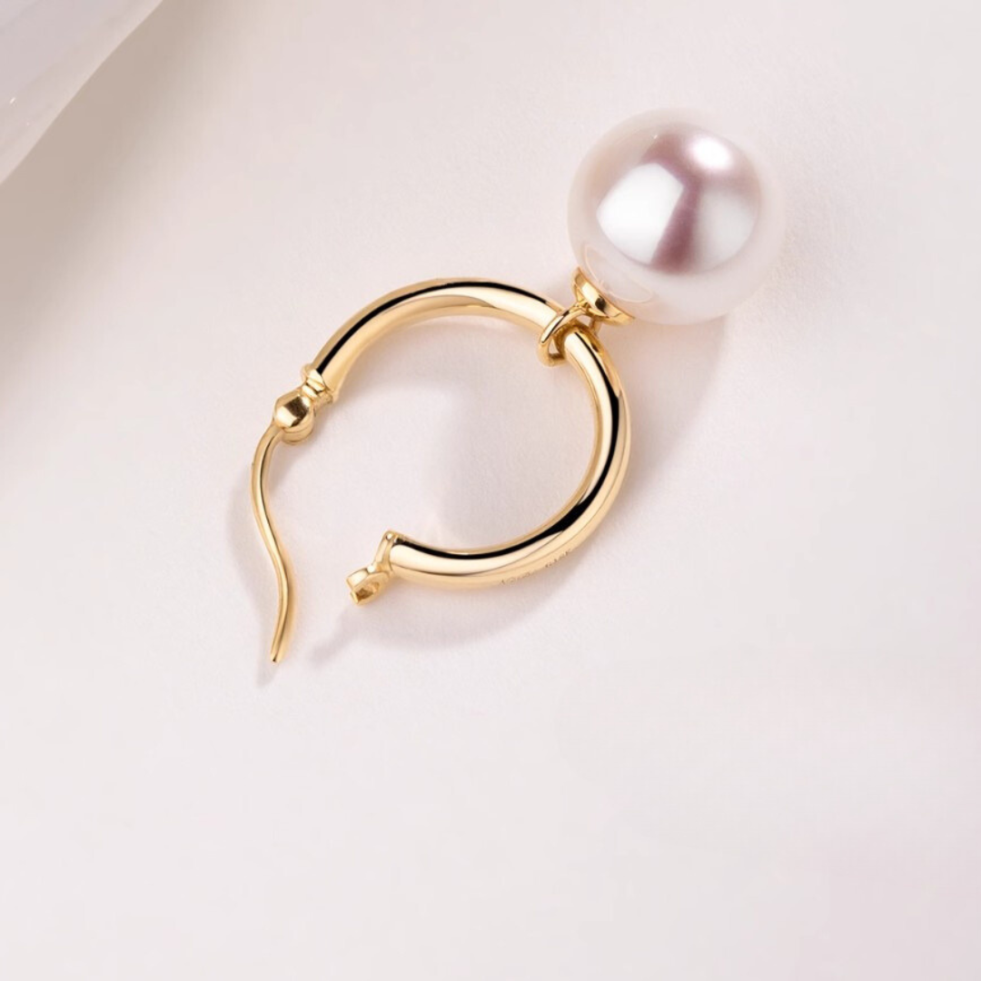 18K Gold Japanese Akoya Pearl Hoop Via Earrings - AAA Quality