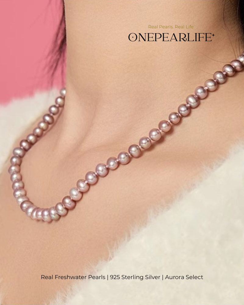 Lilura – AAA Quality Aurora Purple Natural Freshwater Pearl Necklace | 7–7.5mm | 925 Sterling Silver