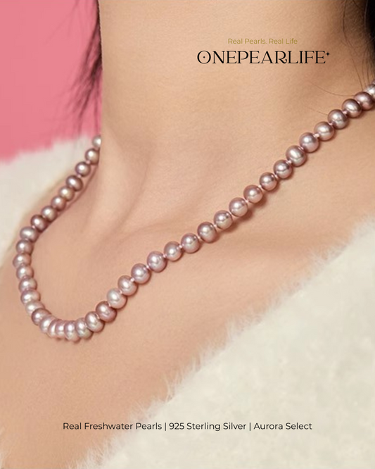 Lilura – AAA Quality Aurora Purple Natural Freshwater Pearl Necklace | 7–7.5mm | 925 Sterling Silver
