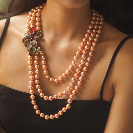 Vintage Three-layer Soft Peach Pearl Necklace