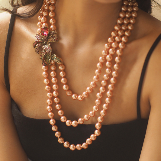 Vintage Three-layer Soft Peach Pearl Necklace