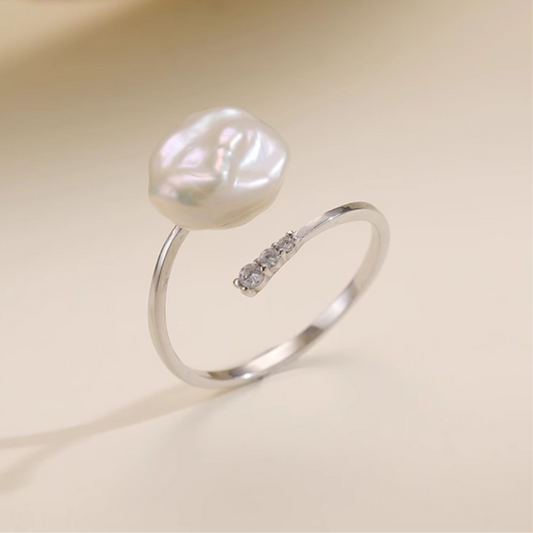 Natural Baroque Pearl Adjustable Open Ring - AAA Quality