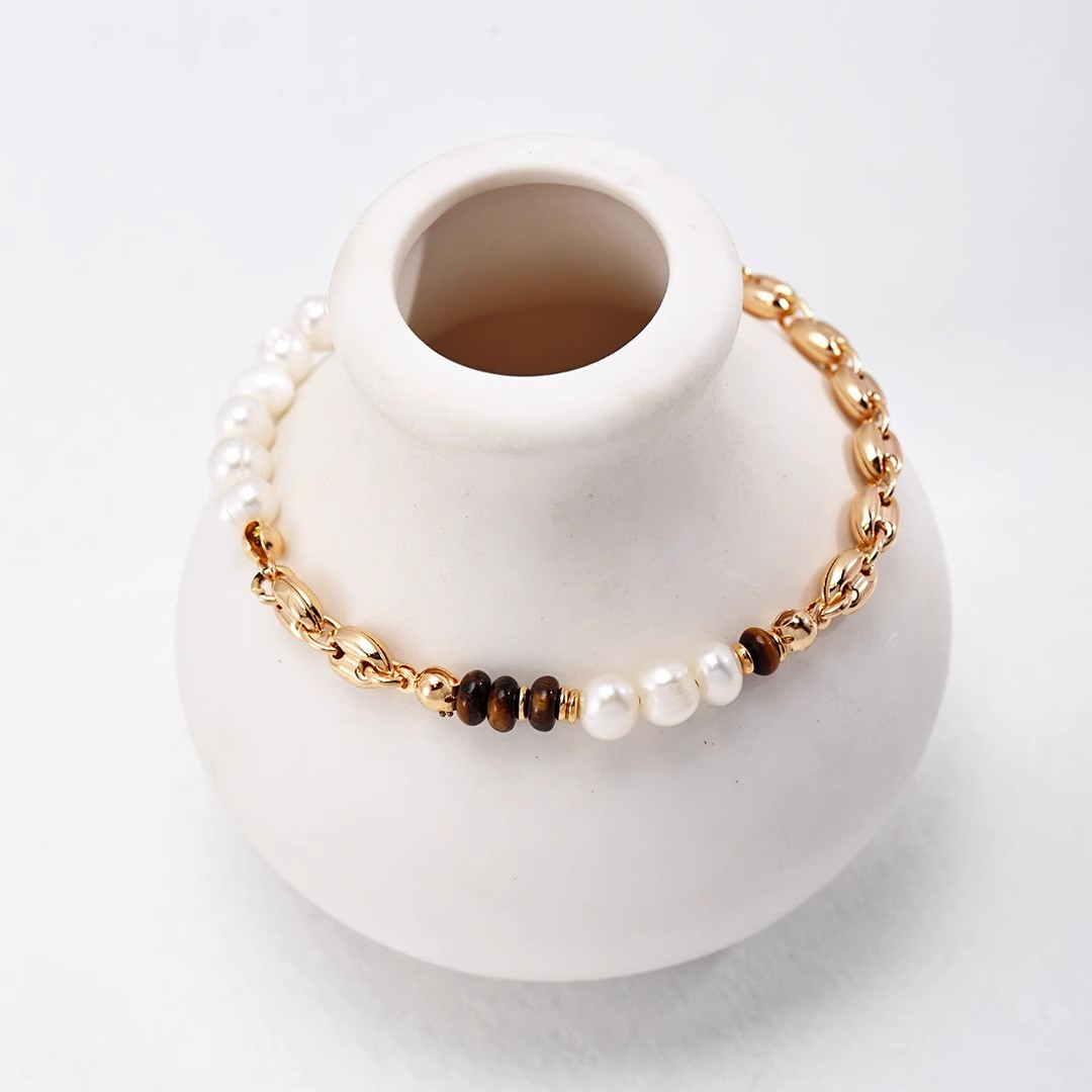 Natural Tiger's Eye and Pearl Mix Personalized Bracelet