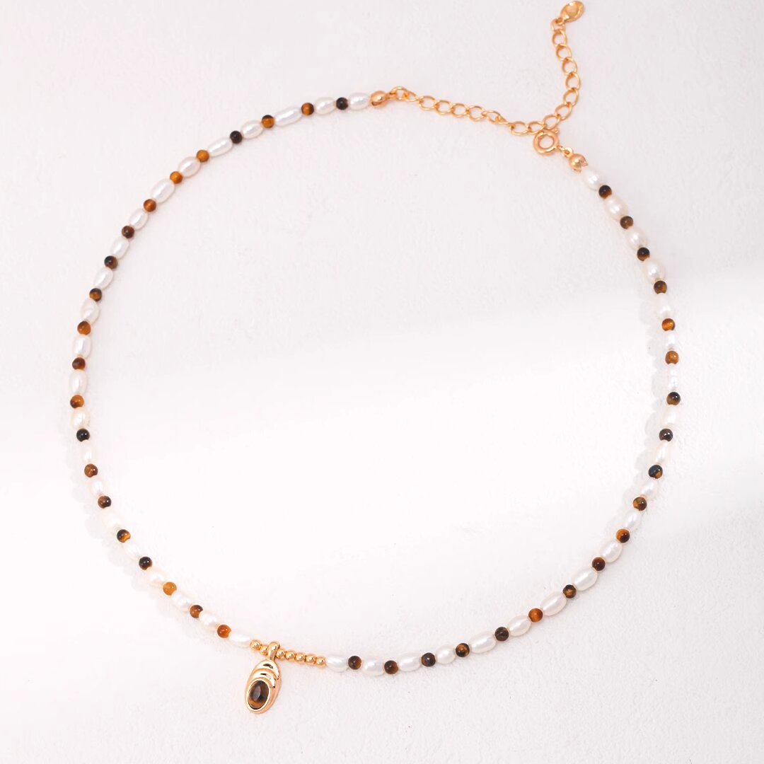 Natural Pearls and Natural tiger's eye Pendant Necklace