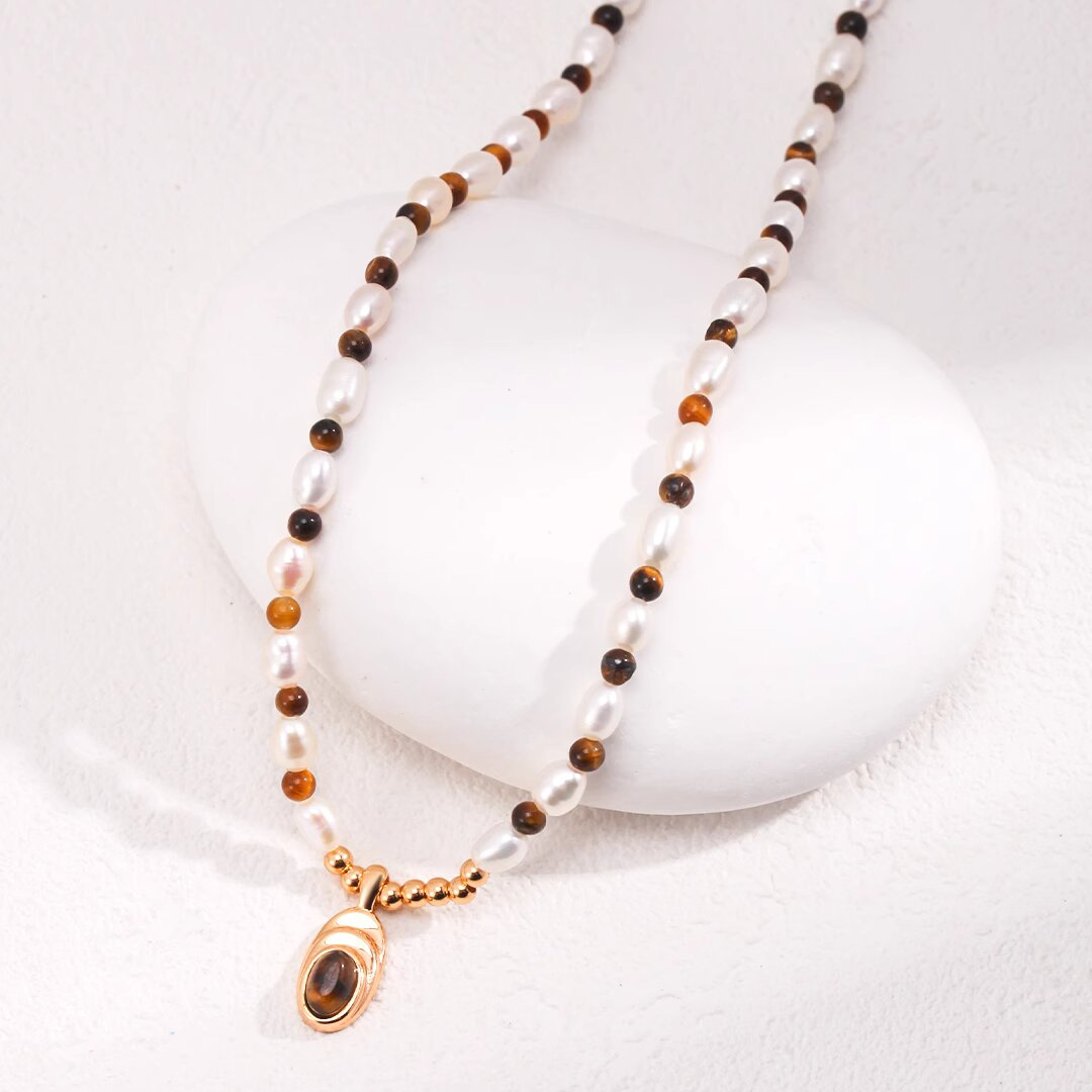 Natural Pearls and Natural tiger's eye Pendant Necklace