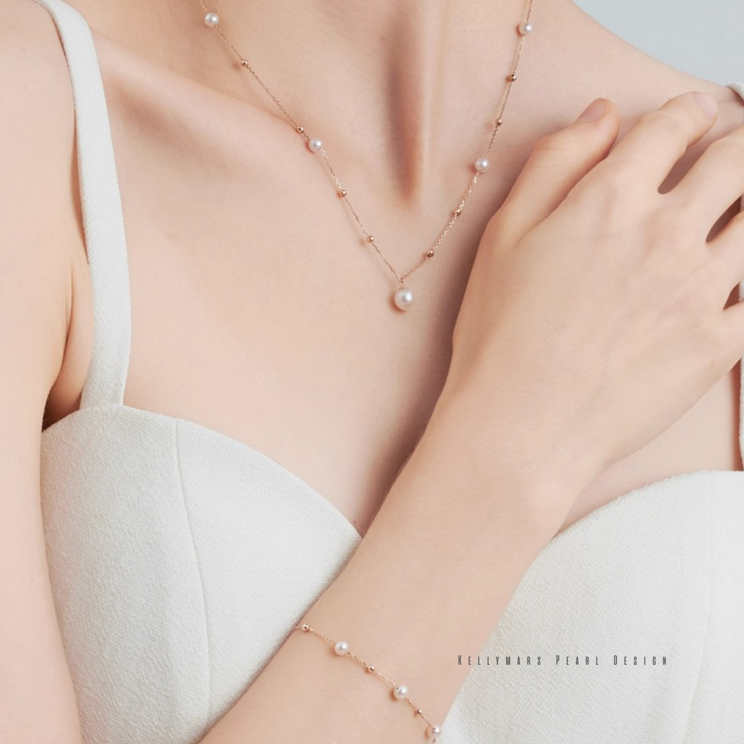 Cultured Akoya pearls necklace styled with white blouse