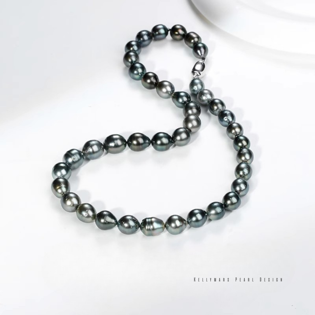 Raven – 8–9mm Black Tahitian Baroque Ripple Pearl Necklace in 925 Sterling Silver