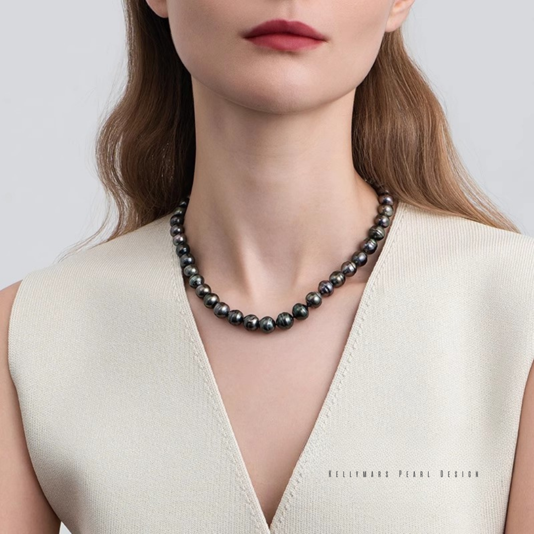 Raven – 8–9mm Black Tahitian Baroque Ripple Pearl Necklace in 925 Sterling Silver