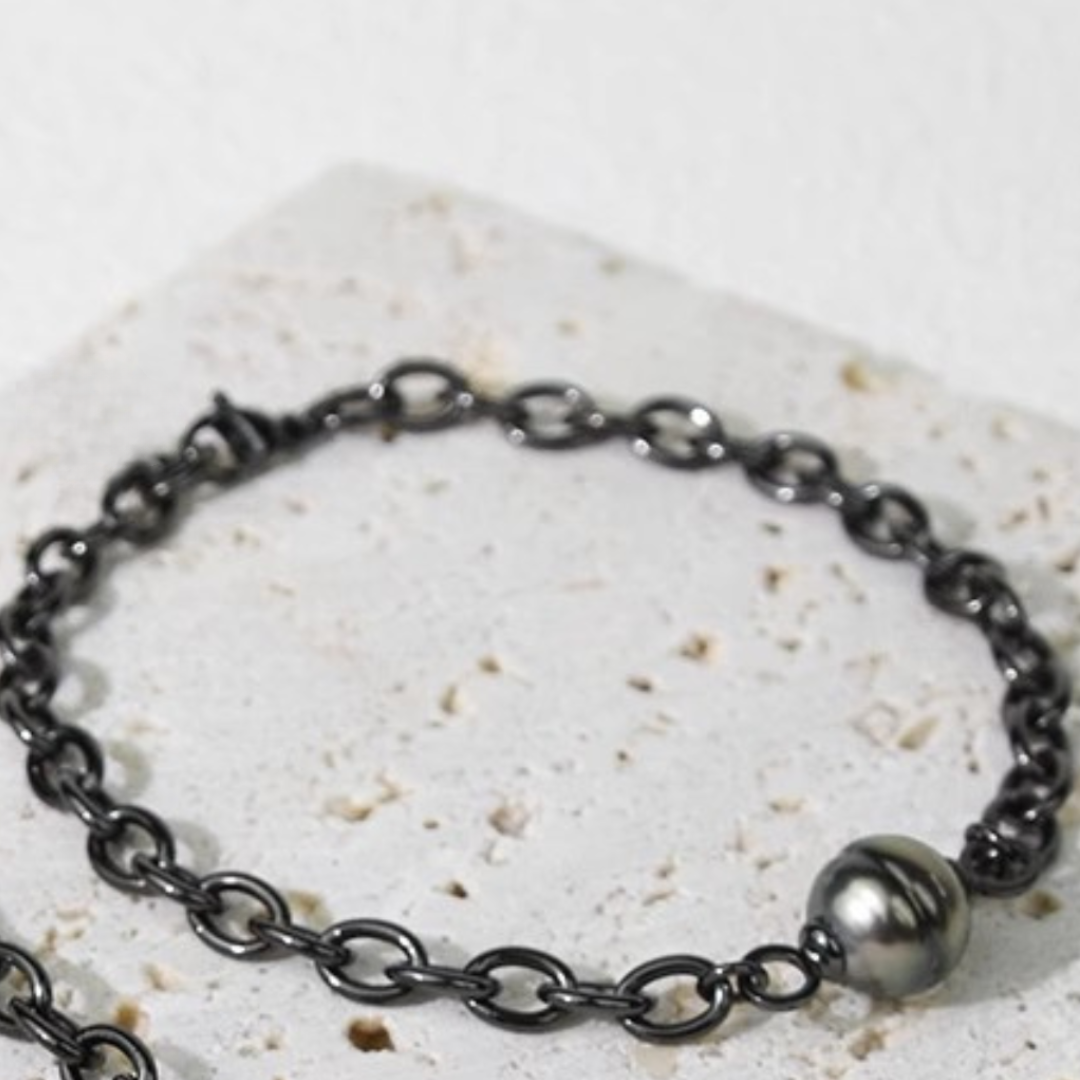 9mm-9.5mm Tahitian Pearl Bracelet Rhodium-Plated Cross Chain for Men - AAA Quality
