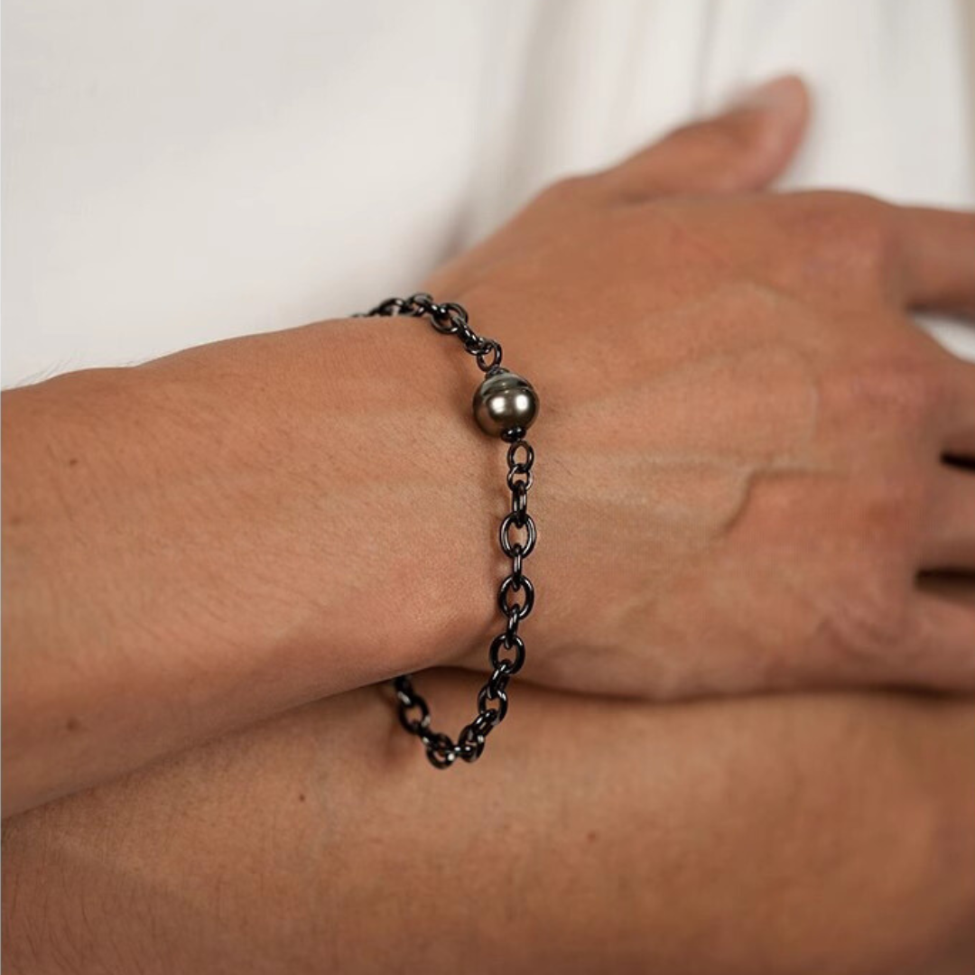 9mm-9.5mm Tahitian Pearl Bracelet Rhodium-Plated Cross Chain for Men - AAA Quality