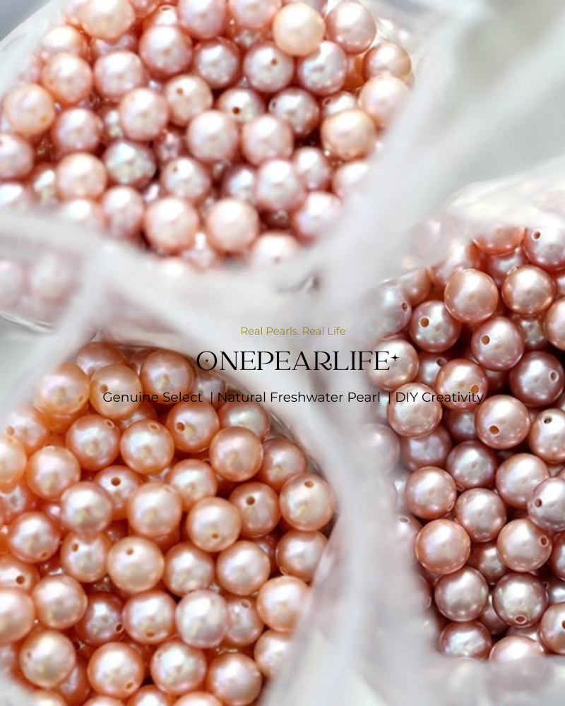 Close-up of pink pearls with 'ONEPEARLIFE' branding.