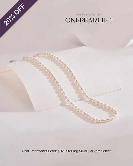 Alina – AAA Quality Natural Freshwater Rice-Shaped Aurora White Pearl Necklace | 6–7mm | 925 Sterling Silver