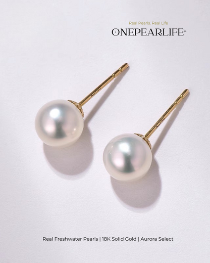 Alora – AAA Quality Natural Freshwater White Pearl Stud Earrings | 5–9.5mm | 18K Gold