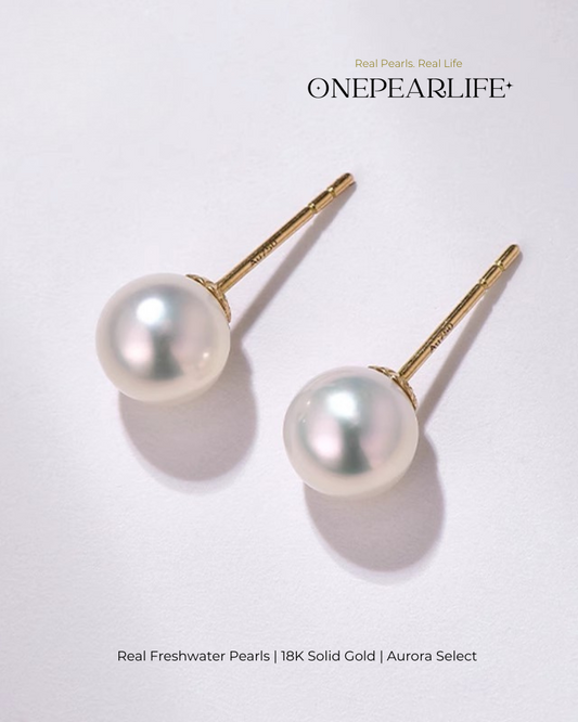 Alora – AAA Quality Natural Freshwater White Pearl Stud Earrings | 5–9.5mm | 18K Gold