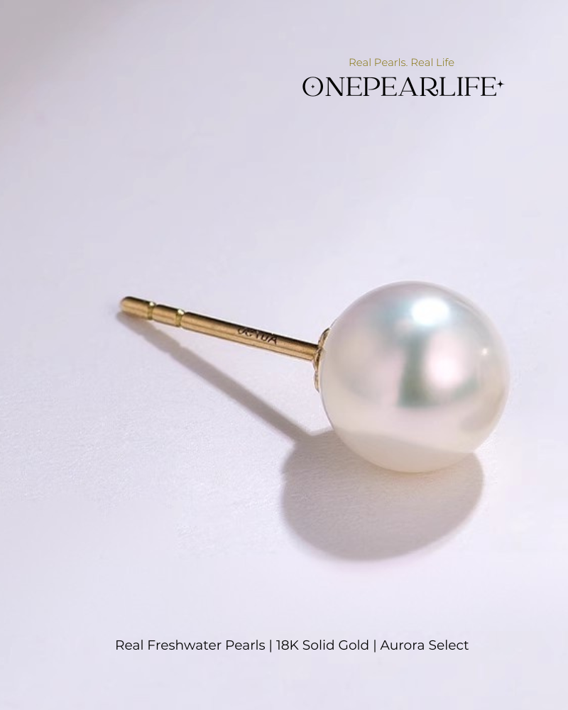 Alora – AAA Quality Natural Freshwater White Pearl Stud Earrings | 5–9.5mm | 18K Gold