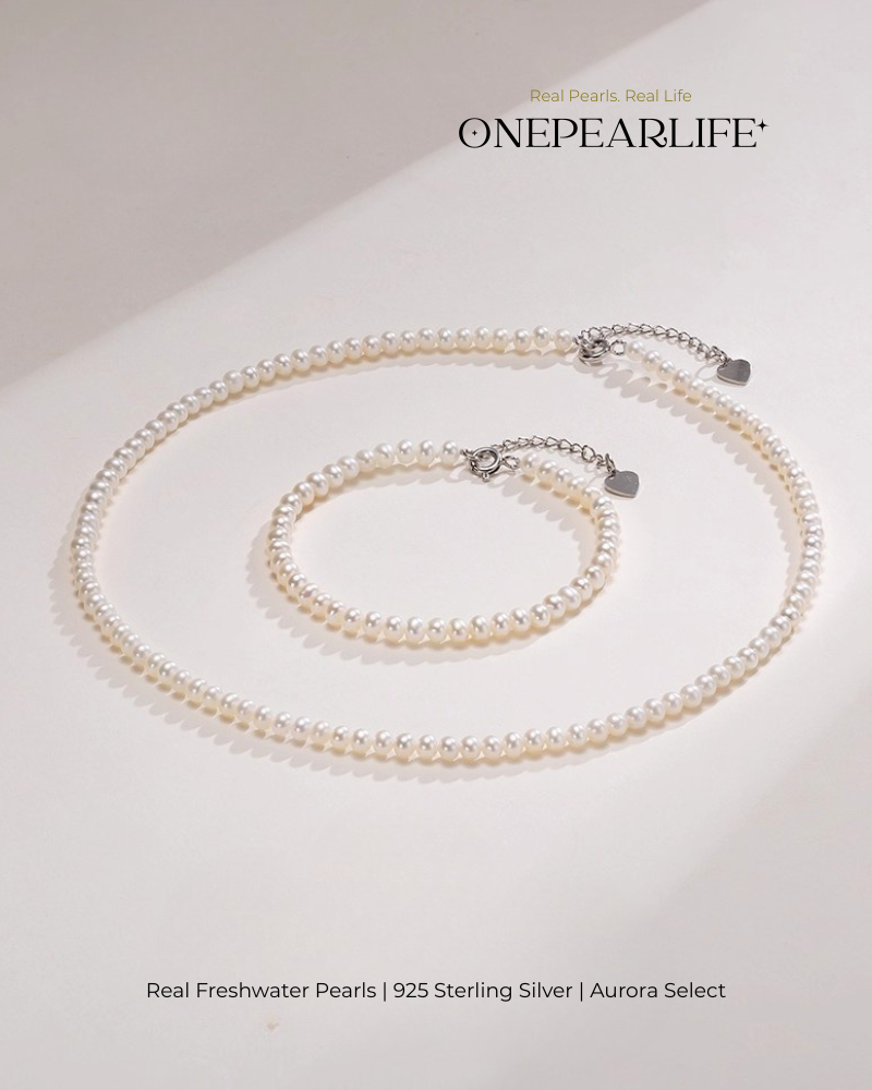 Althea – AAA Quality Mini Freshwater Pearl Jewelry Set | Necklace & Bracelet (4–4.5mm, 925 Sterling Silver)