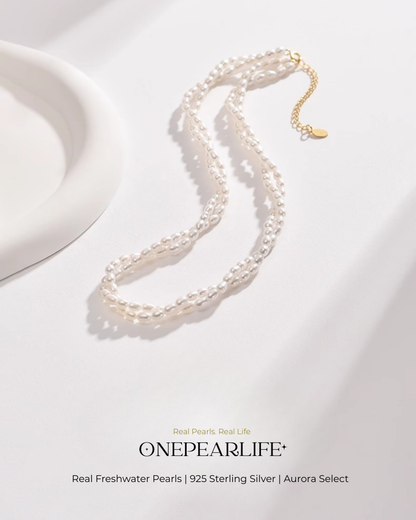Amara – AAA Quality Double Strand Natural Rice-Shaped Freshwater Pearl Necklace | 3–4mm | 18K Gold Vermeil