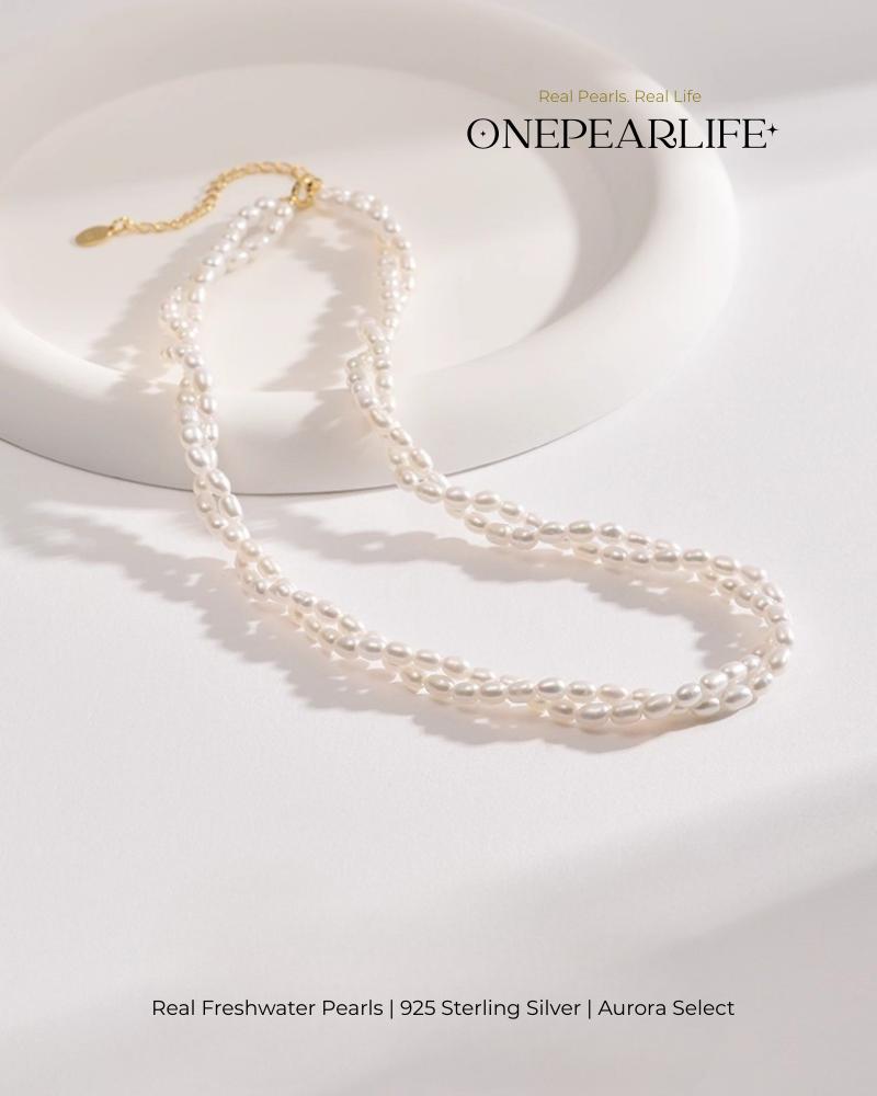 Amara – AAA Quality Double Strand Natural Rice-Shaped Freshwater Pearl Necklace | 3–4mm | 18K Gold Vermeil