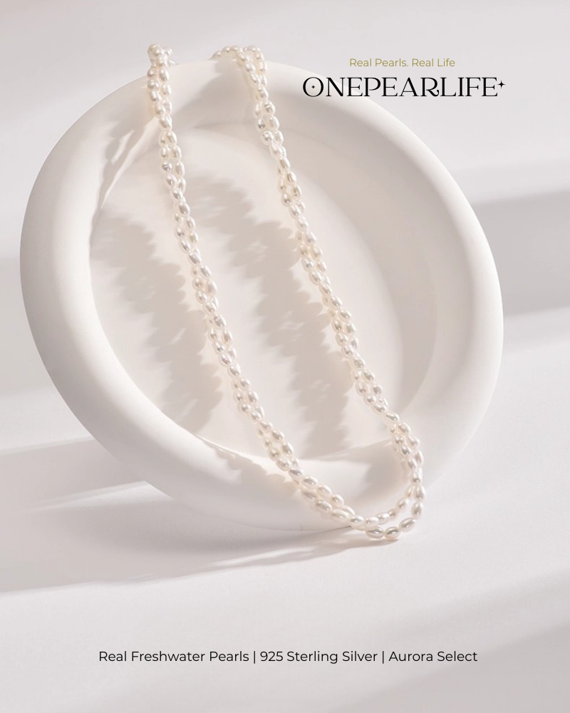 Amara – AAA Quality Double Strand Natural Rice-Shaped Freshwater Pearl Necklace | 3–4mm | 18K Gold Vermeil